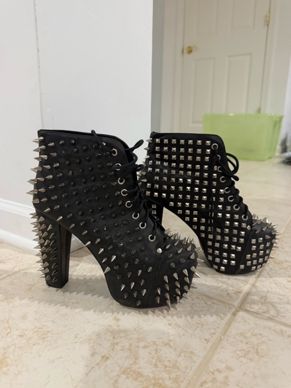 NEW Jeffrey Campbell Lita Spike Black Leather Spiked Platform Lace-Up Booties